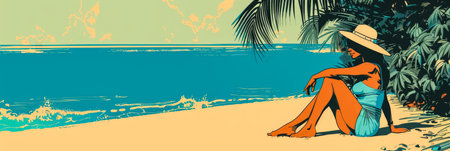 Retro vintage 70s woman at the beach illustration with vibrant colorsの素材