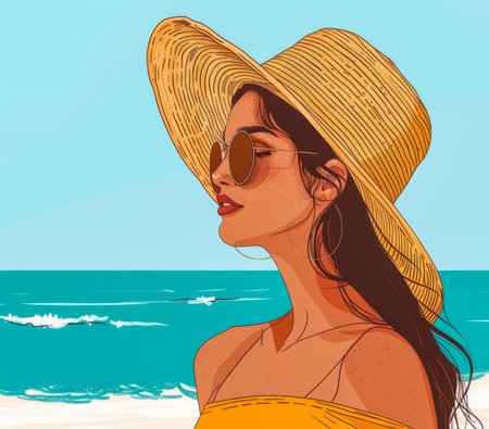 Retro vintage 70s woman at the beach illustration with vibrant colorsの素材