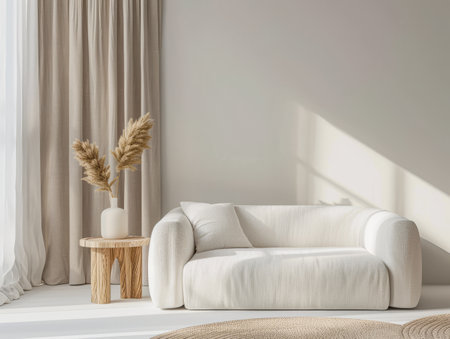 Minimalist home decor design with a sofa and white wallsの素材