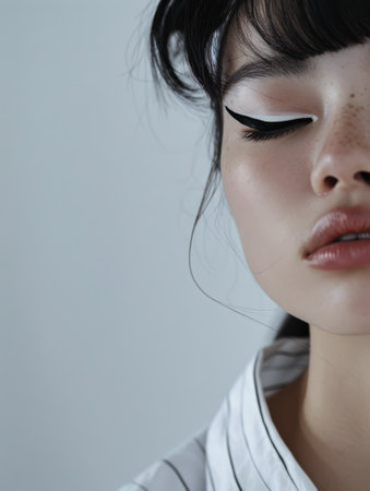 Portrait of a young albino model with a bold cat eyeliner and ample copy spaceの素材