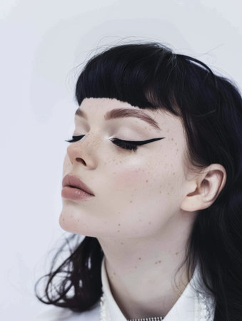 Portrait of a young albino model with a bold cat eyeliner and ample copy spaceの素材