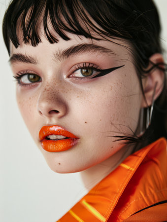 Portrait of a young albino model with a bold cat eyeliner and ample copy spaceの素材