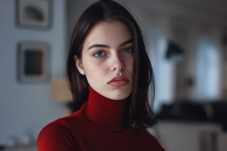 Elegant young woman in chic red turtleneck with her home interiors as backgroundの素材