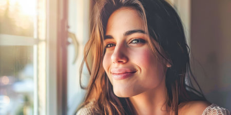 Young smiling woman at her homeの素材