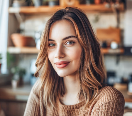Young smiling woman at her homeの素材