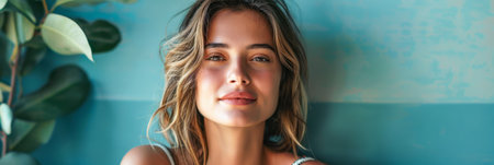 Young smiling woman at her homeの素材