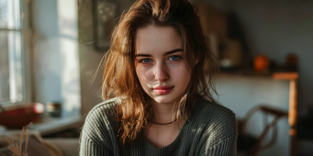 Young woman portrait at her homeの素材