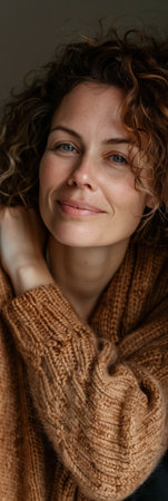 Young woman with curly hair and a cozy sweater. Warm tones composition.の素材