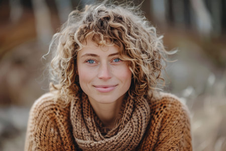 Young woman with curly hair and a cozy sweater. Warm tones composition.の素材