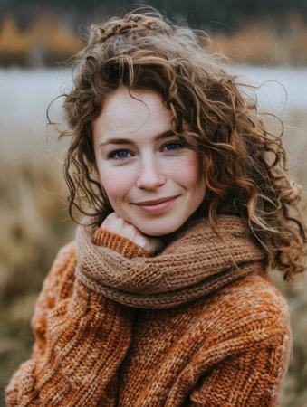 Young woman with curly hair and a cozy sweater. Warm tones composition.の素材