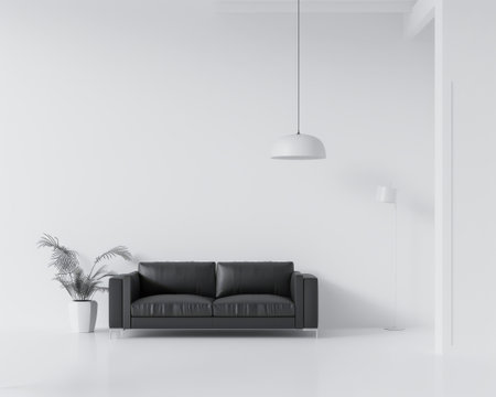 Elegant minimalist composition of a chic living room with a sofa, a lamp and copyspace for textの素材