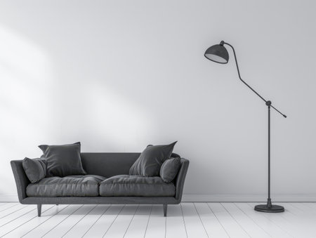Elegant minimalist composition of a chic living room with a sofa, a lamp and copyspace for textの素材