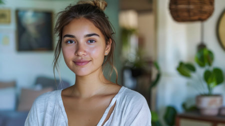 Portrait of a diverse woman with a captivating look in a residential settingの素材
