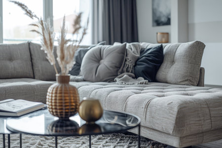 Elegant and modern living room interior with cozy decor elementsの素材