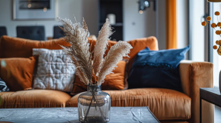 Elegant and modern living room interior with cozy decor elementsの素材