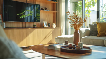 Elegant and modern living room interior with cozy decor elementsの素材