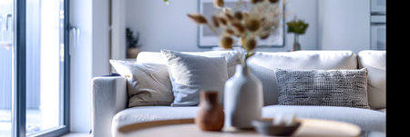 Elegant and modern living room interior with cozy decor elementsの素材