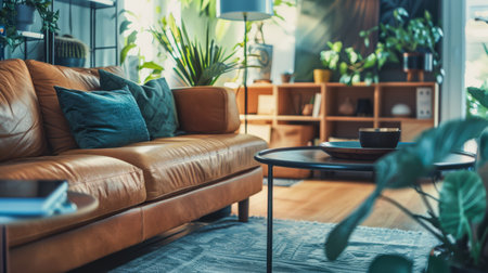 Elegant and modern living room interior with cozy decor elementsの素材