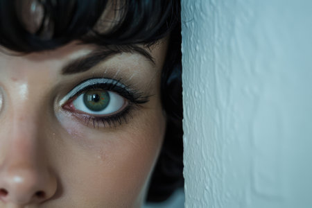 Curly haired woman portrait isolated from a white copyspace backgroundの素材