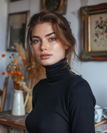 Young woman portrait posing for the camera at her homeの素材