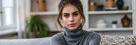 Young woman portrait posing for the camera at her homeの素材