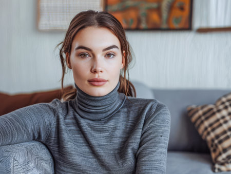Young woman portrait posing for the camera at her homeの素材