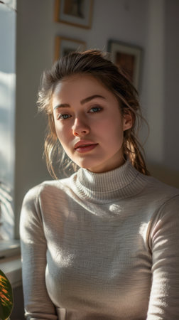 Young woman portrait posing for the camera at her homeの素材