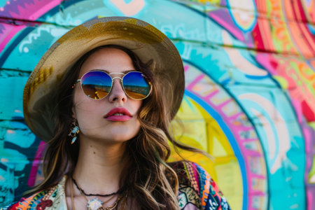 Fashionable young woman posing in front of wall with vibrant colorsの素材