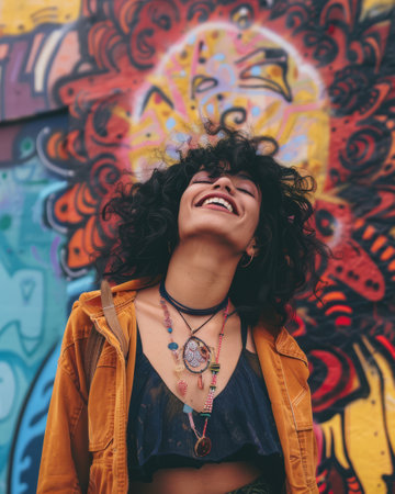 Fashionable young woman posing in front of wall with vibrant colorsの素材