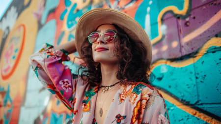 Fashionable young woman posing in front of wall with vibrant colorsの素材