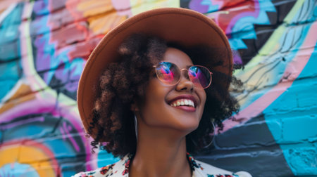 Fashionable young woman posing in front of wall with vibrant colorsの素材