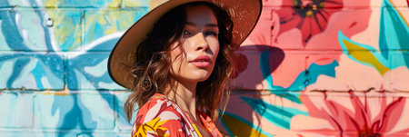Fashionable young woman posing in front of wall with vibrant colorsの素材