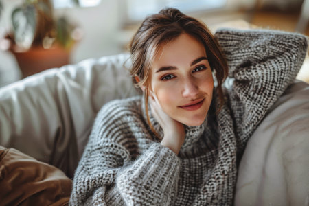 Portrait of a young beautiful woman at home wearing a cozy knitwearの素材