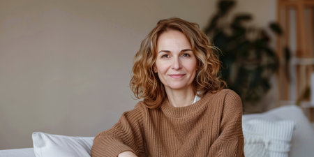 Portrait of a young beautiful woman at home wearing a cozy knitwearの素材