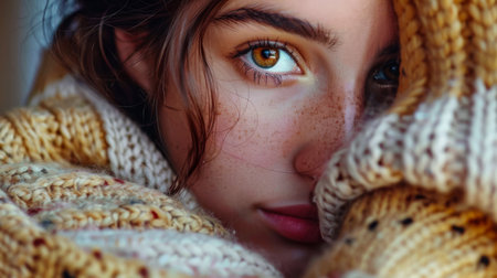 Portrait of a young beautiful woman at home wearing a cozy knitwearの素材