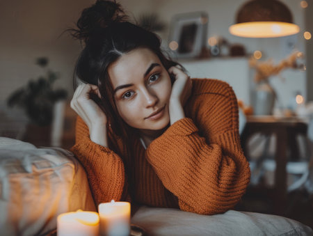 Portrait of a young beautiful woman at home wearing a cozy knitwearの素材