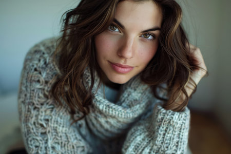 Portrait of a young beautiful woman at home wearing a cozy knitwearの素材