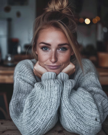 Portrait of a young beautiful woman at home wearing a cozy knitwearの素材
