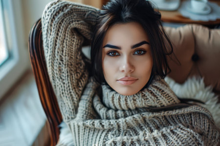 Portrait of a young beautiful woman at home wearing a cozy knitwearの素材