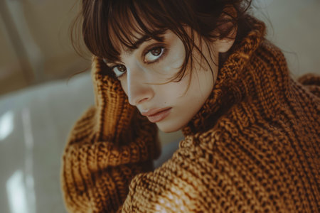 Portrait of a young beautiful woman at home wearing a cozy knitwearの素材