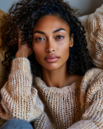 Portrait of a young beautiful woman at home wearing a cozy knitwearの素材