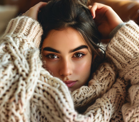Portrait of a young beautiful woman at home wearing a cozy knitwearの素材