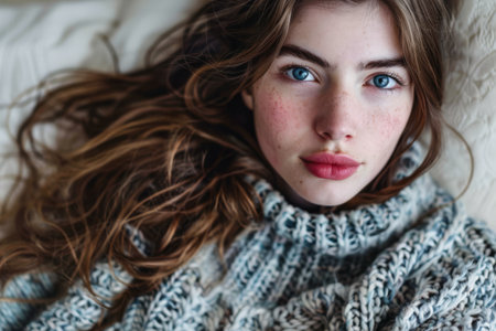 Portrait of a young beautiful woman at home wearing a cozy knitwearの素材