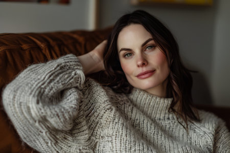 Portrait of a young beautiful woman at home wearing a cozy knitwearの素材