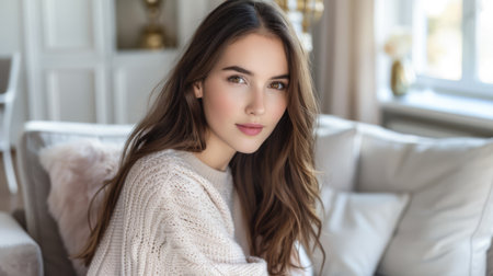 Portrait of a young beautiful woman at home wearing a cozy knitwearの素材