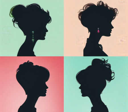 Diverse women profiles in a stylized illustration with vibrant colorsの素材