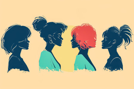 Diverse women profiles in a stylized illustration with vibrant colorsの素材