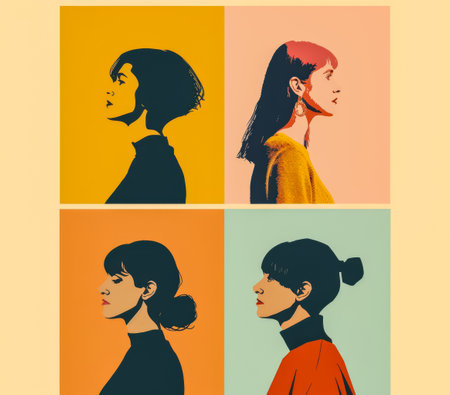 Diverse women profiles in a stylized illustration with vibrant colorsの素材