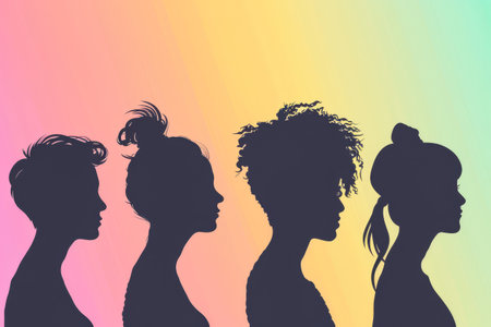Diverse women profiles in a stylized illustration with vibrant colorsの素材