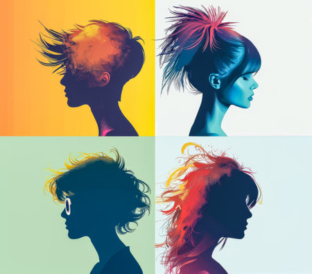 Diverse women profiles in a stylized illustration with vibrant colorsの素材